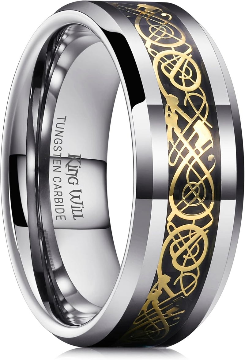 King Will Men's Dragon Celtic Tungsten Ring, 5/6/7/8mm Widths, Polished Beveled Edge Comfort Fit Carbide Wedding Band Promise Rings Size 4-16 - Image 1