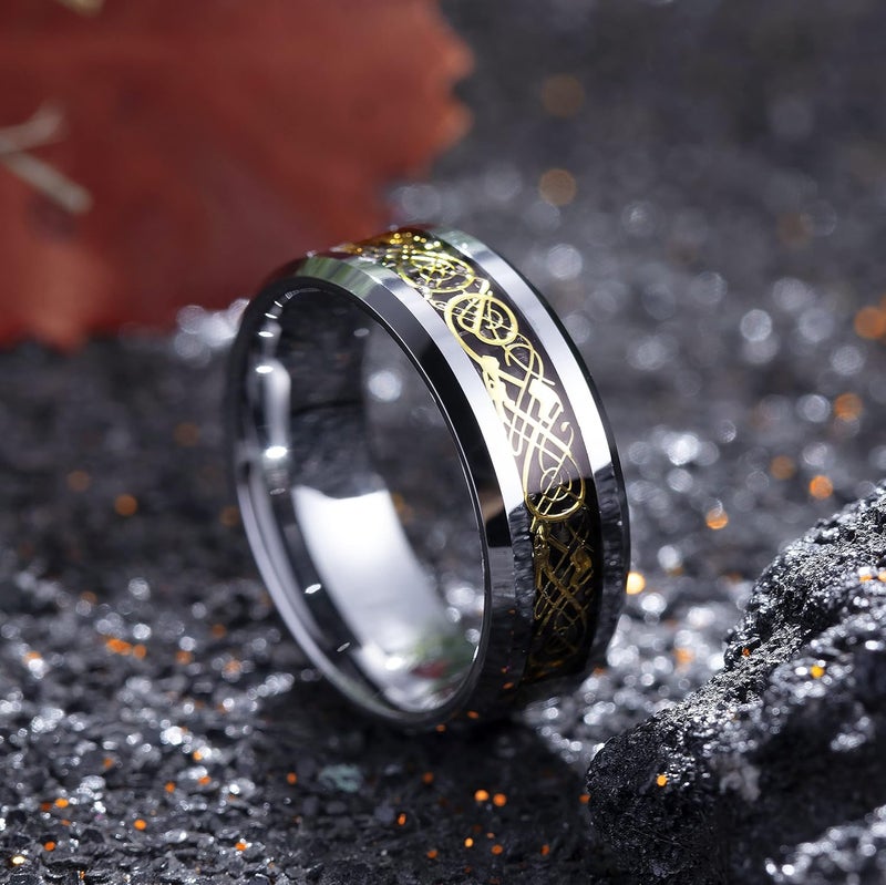 King Will Men's Dragon Celtic Tungsten Ring, 5/6/7/8mm Widths, Polished Beveled Edge Comfort Fit Carbide Wedding Band Promise Rings Size 4-16 - Image 2