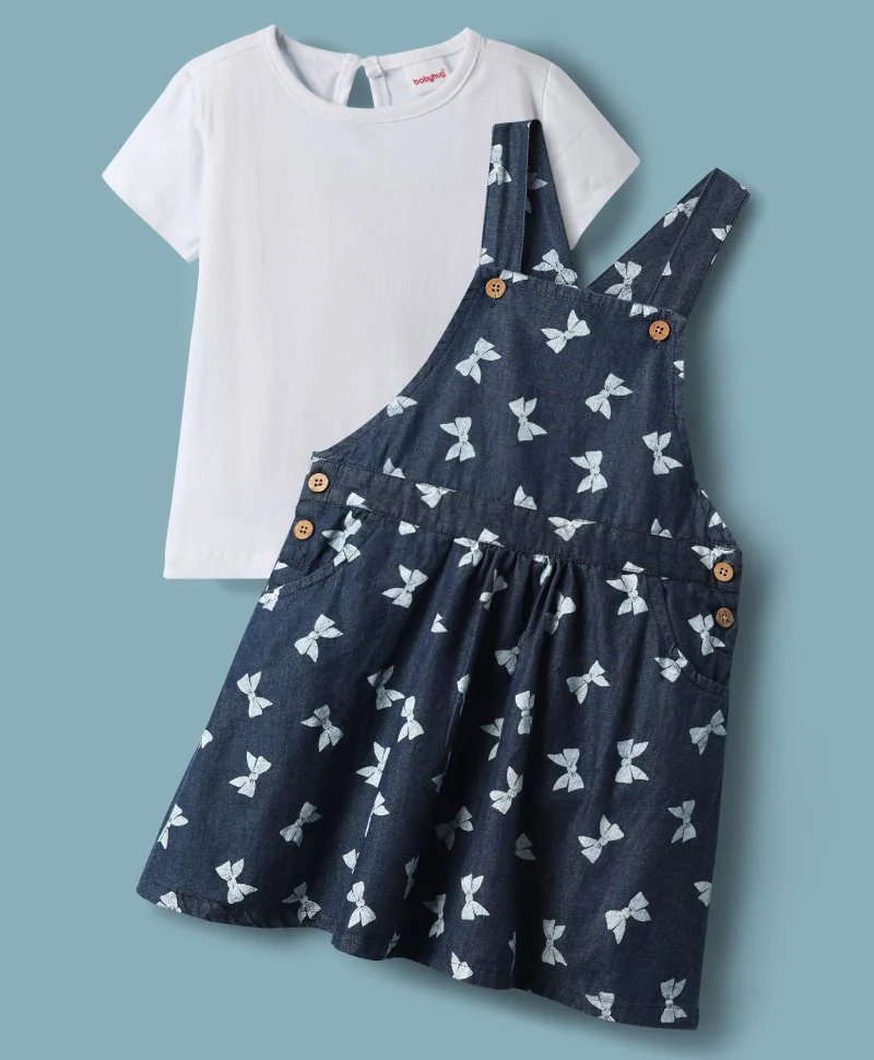 babyhug Babyhug Cotton Knit Bow Printed Dress with Solid Inner T-shirt - Navy Blue & White