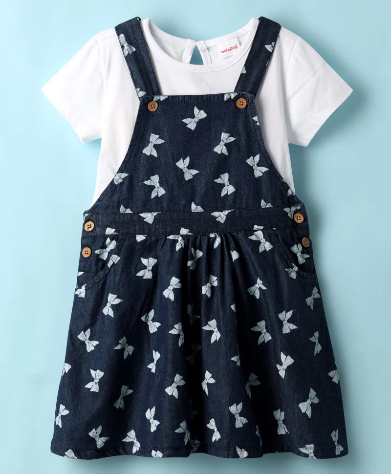 babyhug Babyhug Cotton Knit Bow Printed Dress with Solid Inner T-shirt - Navy Blue & White