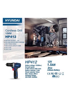 HYUNDAI HYUNDAI Cordless Drill HP412 12V 10mm Compact Power Drill with 2 Lithium Batteries, Dual Speed, 26N·m Torque  - Image 3