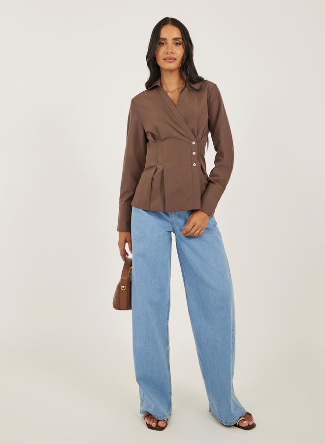 ستايلي قميص نسائي بني سادة مطوي بقصة عادية بياقة ملتفة - Image 2