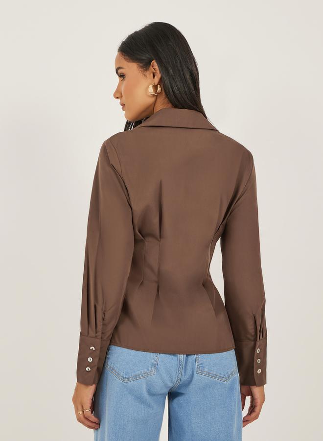 ستايلي قميص نسائي بني سادة مطوي بقصة عادية بياقة ملتفة - Image 4