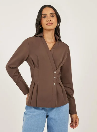 Styli Styli Women Brown Pleated Wrap Shirt