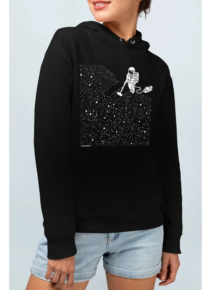 Rock&Roll Astronaut with Broom Black Hooded Women's Sweatshirt