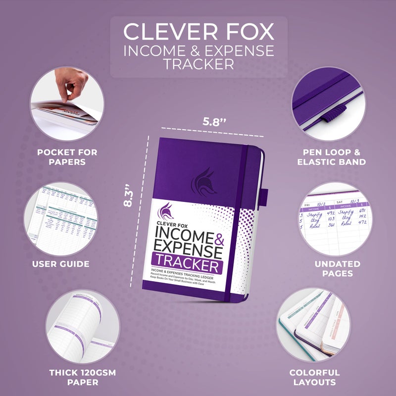 Clever Fox Income & Expense Tracker – Accounting & Bookkeeping Ledger Book for Small Business – 1-Year Record Notebook, A5 (Purple) - Image 2