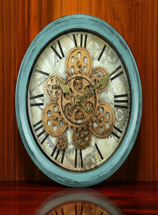 WHISKET - Real Moving Gear Wall Clock Vintage Industrial Oversized Rustic Farmhouse | Classic Industrial Steampunk Wall Décor,Decorative Wall Clock for Living Room. (BLUE-14 INCH) - Image 1