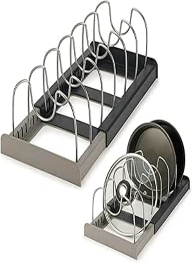 Tazweeq Pot and Pan Organizer, Adjustable Compartments Pot and Pan Organizer, Kitchen Cabinet Pantry Baking Utensil Organizer for Cutting Boards, Plates, Baking Utensils