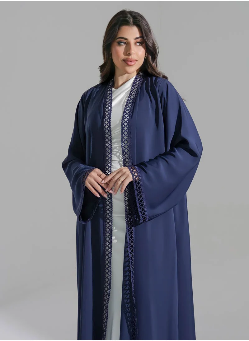 Aara Dark Blue Abaya with Embroidery Lace in front and Hand cuff