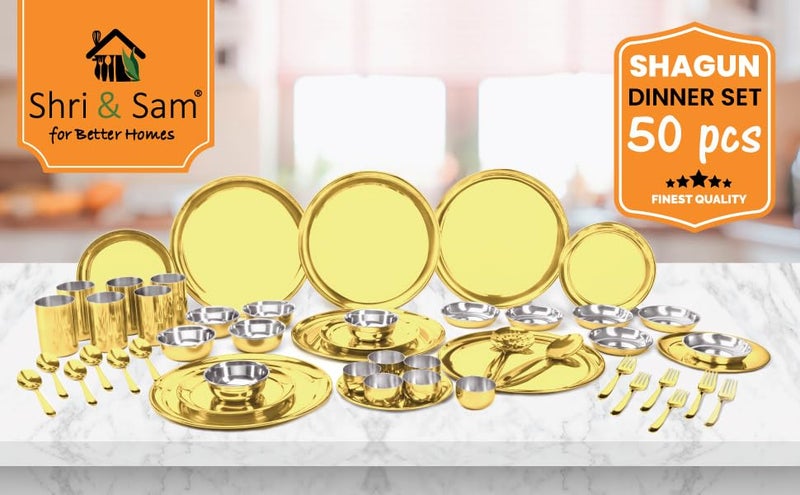 Shri & Sam Stainless Steel Shagun Solid Dinner Set (50 Pcs Set Gold) - Image 2