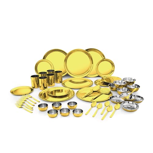 Shri & Sam Stainless Steel Shagun Solid Dinner Set (50 Pcs Set Gold) - Image 1