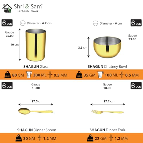 Shri & Sam Stainless Steel Shagun Solid Dinner Set (50 Pcs Set Gold) - Image 5