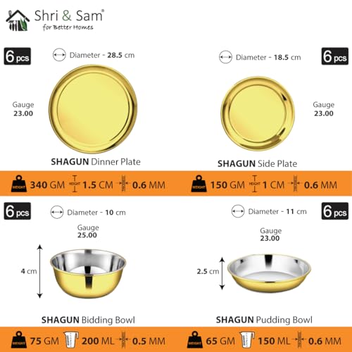 Shri & Sam Stainless Steel Shagun Solid Dinner Set (50 Pcs Set Gold) - Image 4