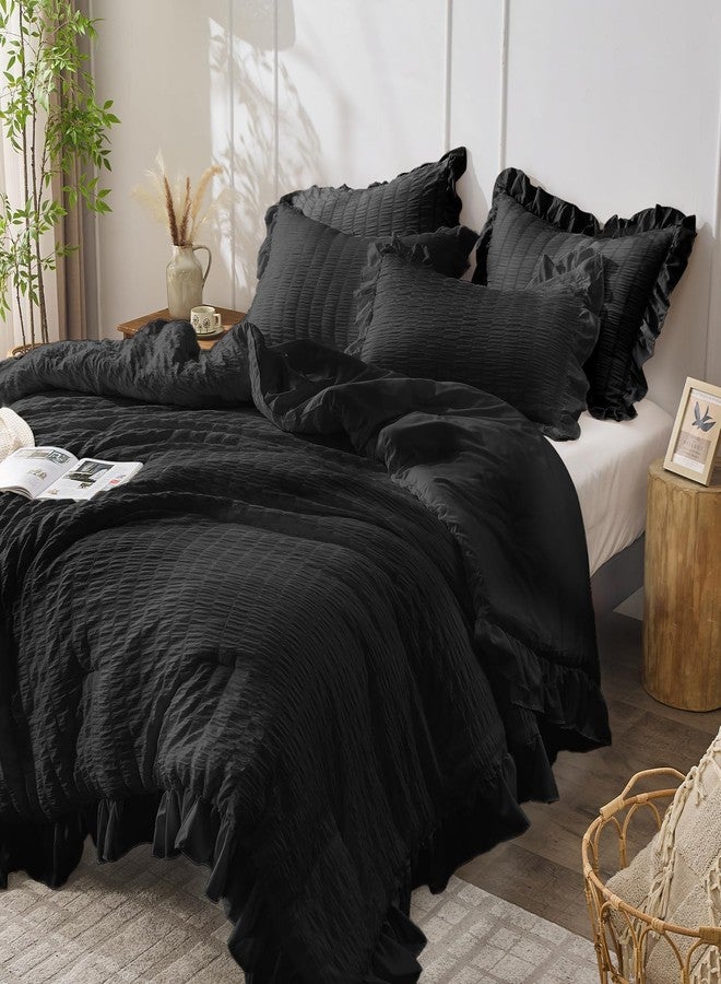 JOLLYVOGUE Black Twin Size Comforter Set, 2 Pieces Seersucker Lightweight Fluffy Bedding Set, Twin Ruffle Comforter, All Season Soft Microfiber Shabby Chic Bed Set for Girls - Image 2
