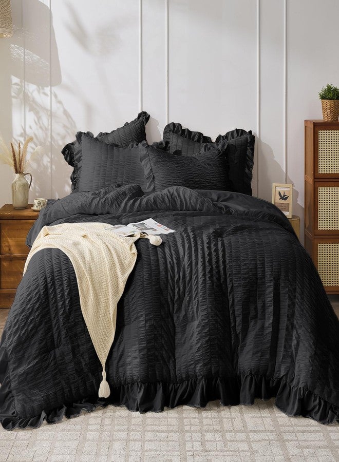 JOLLYVOGUE Black Twin Size Comforter Set, 2 Pieces Seersucker Lightweight Fluffy Bedding Set, Twin Ruffle Comforter, All Season Soft Microfiber Shabby Chic Bed Set for Girls - Image 1