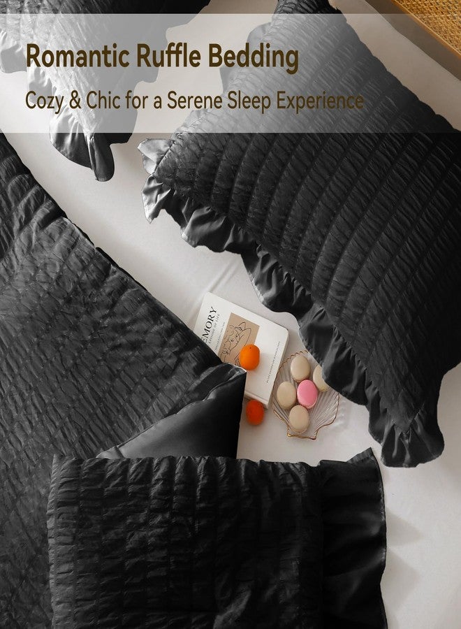 JOLLYVOGUE Black Twin Size Comforter Set, 2 Pieces Seersucker Lightweight Fluffy Bedding Set, Twin Ruffle Comforter, All Season Soft Microfiber Shabby Chic Bed Set for Girls - Image 5