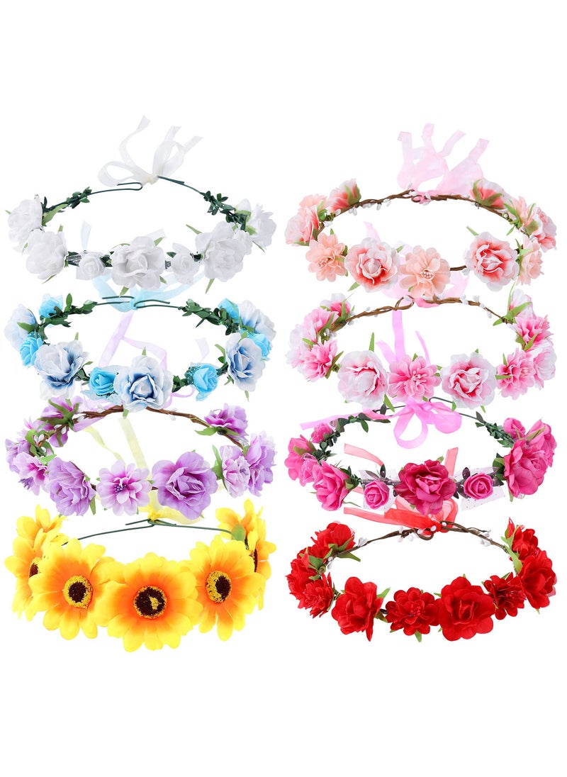 Cinaci Cinaci 8 Pack Handmade Adjustable Sunflower Rose Flower Wreath Headbands Crown Garland Wedding Party Headpiece for Women Brides Bridemaids Girls Teens 