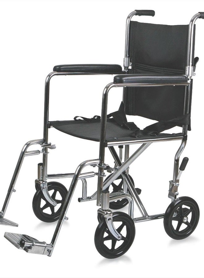 Medline Steel Transport Chair, 19" Wide Seat, Permanent Full-Length Arms, Swing Away Footrests, Chrome Frame