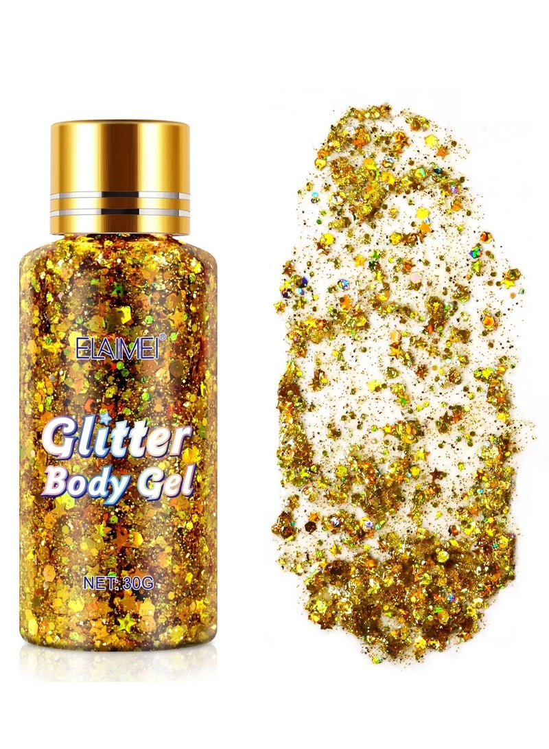 Elaimei Gold Body Glitter Face Glitter Gel Mermaid Sequins Self Adhesive Glitter Face Paint Gel Chunky Glitter Eye Lip Hair Nail Festival Rave Accessories Sparkling Body Glitter Gel for Women 30g  - Image 2