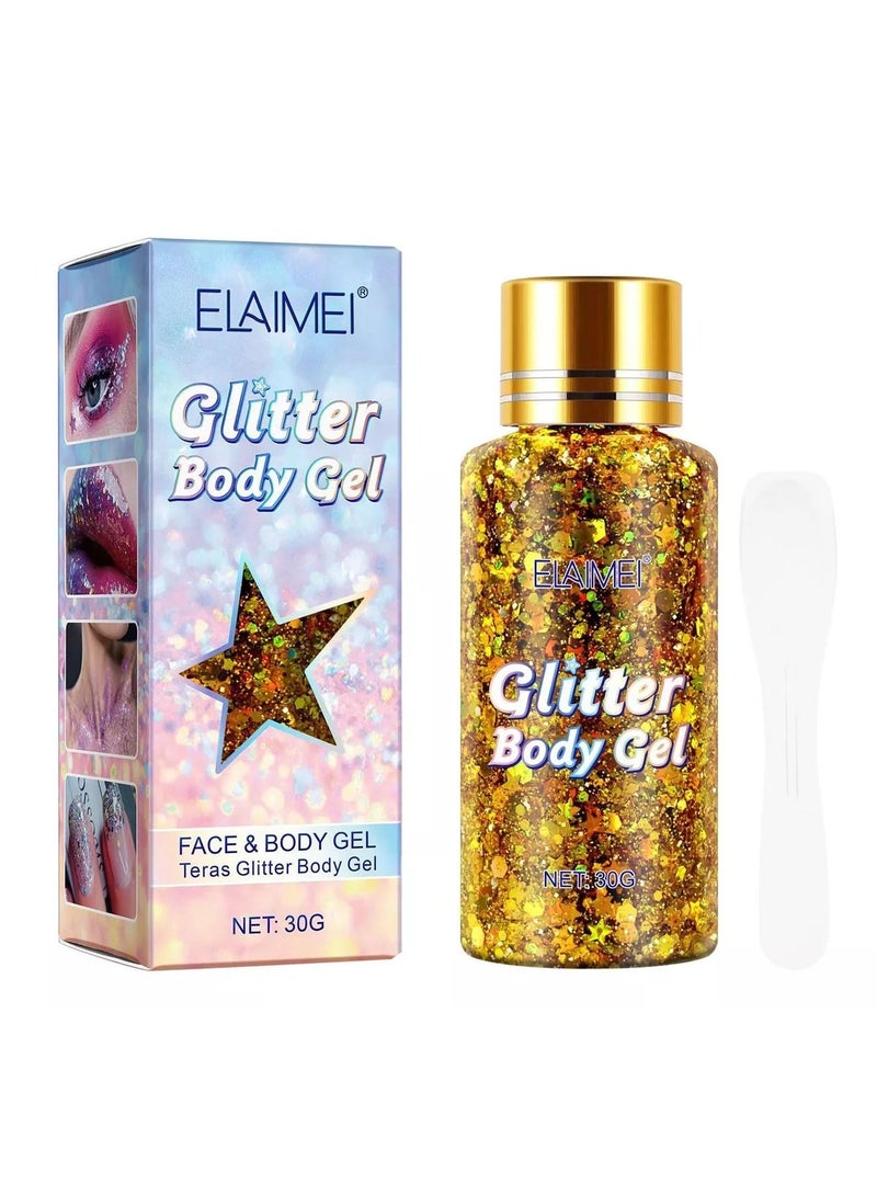 Elaimei Gold Body Glitter Face Glitter Gel Mermaid Sequins Self Adhesive Glitter Face Paint Gel Chunky Glitter Eye Lip Hair Nail Festival Rave Accessories Sparkling Body Glitter Gel for Women 30g  - Image 1