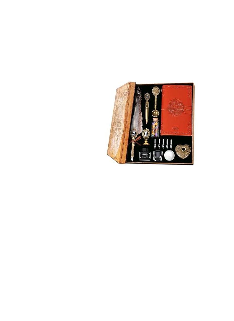 mPrincess Feather Pen Ink Set,Includes Quill Pen,Notebook,Ink,5 Replaceable Nibs,Pen Holder,Cup,Seal Stamp,Spoon,Wax Bead,White Wax,Envelope & Letter Paper Etc.Feather Calligraphy Pen Set-Grey  - Image 1