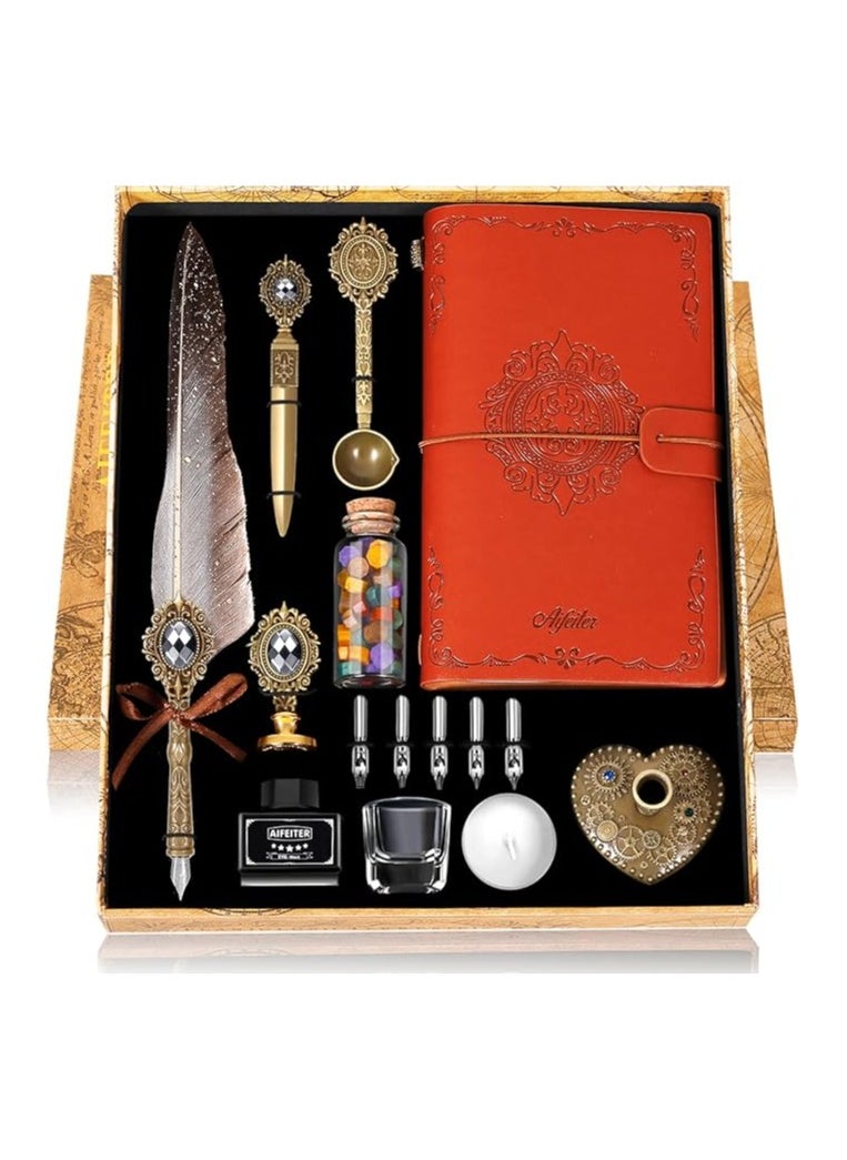 mPrincess Feather Pen Ink Set,Includes Quill Pen,Notebook,Ink,5 Replaceable Nibs,Pen Holder,Cup,Seal Stamp,Spoon,Wax Bead,White Wax,Envelope & Letter Paper Etc.Feather Calligraphy Pen Set-Grey  - Image 2