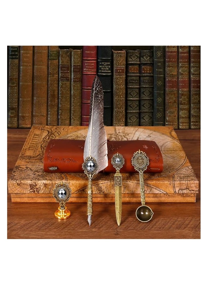 mPrincess Feather Pen Ink Set,Includes Quill Pen,Notebook,Ink,5 Replaceable Nibs,Pen Holder,Cup,Seal Stamp,Spoon,Wax Bead,White Wax,Envelope & Letter Paper Etc.Feather Calligraphy Pen Set-Grey  - Image 3