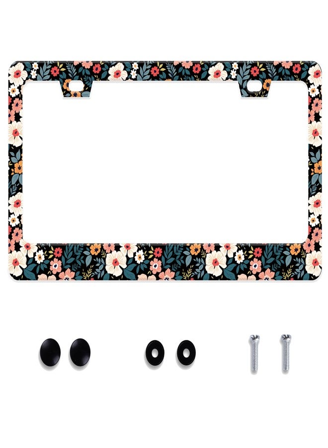 UNINDREM Folk Floral License Plate Frame Colorful Flowers Stainless Steel License Plate Frame Rust-Proof Auto Parts Decoration with Screws License Plate Holder for Men Women Youth 12x6 Inch Gift - Image 1