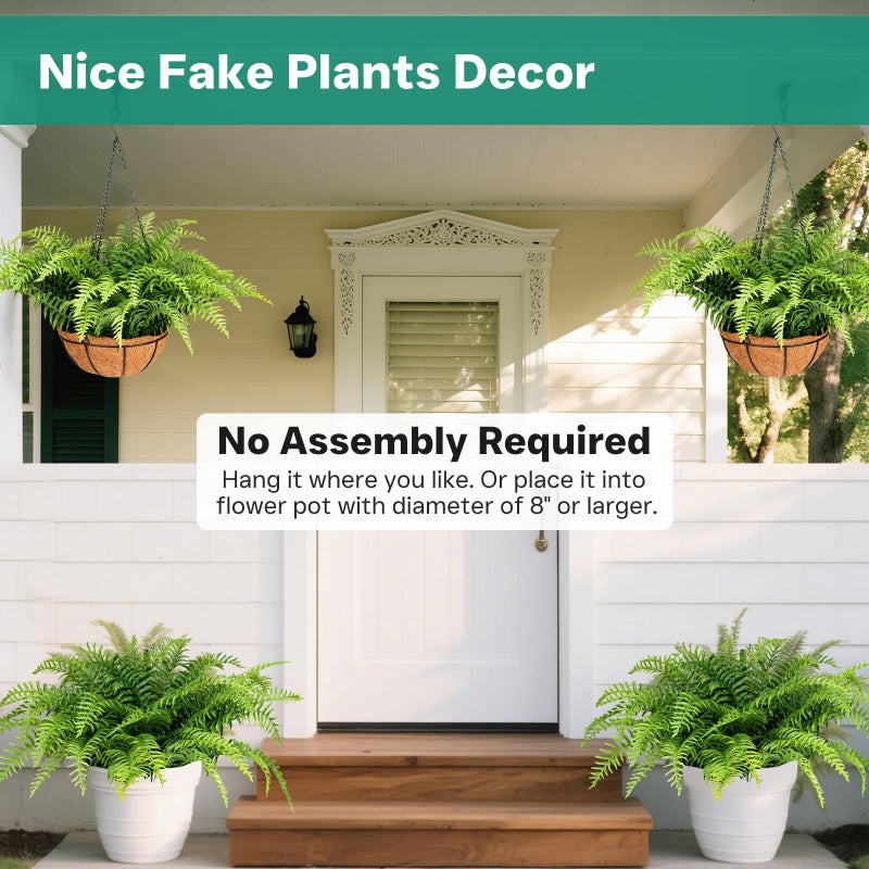 PABREY 2 Set Fake Ferns with Hanging Baskets, Artificial Boston Ferns for Outdoors, Realistic Fake Hanging Ferns Plants Outdoor Artificial Plants for Front Porch Home DÃ©cor, No Assembly - Image 3