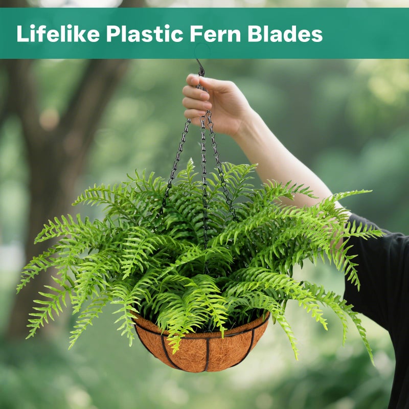 PABREY 2 Set Fake Ferns with Hanging Baskets, Artificial Boston Ferns for Outdoors, Realistic Fake Hanging Ferns Plants Outdoor Artificial Plants for Front Porch Home DÃ©cor, No Assembly - Image 4
