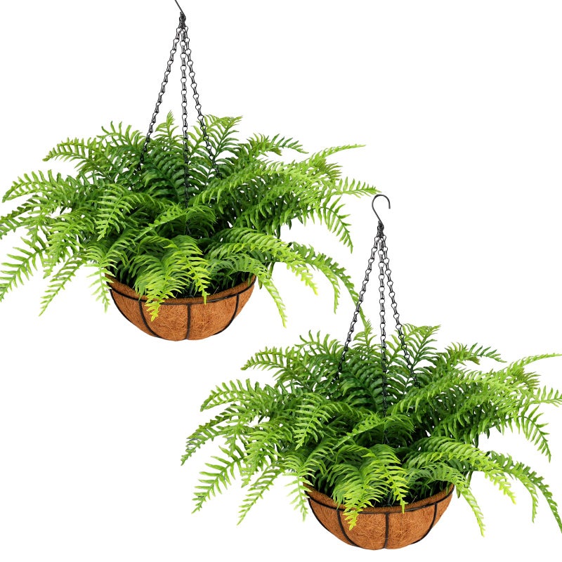 PABREY 2 Set Fake Ferns with Hanging Baskets, Artificial Boston Ferns for Outdoors, Realistic Fake Hanging Ferns Plants Outdoor Artificial Plants for Front Porch Home DÃ©cor, No Assembly - Image 1