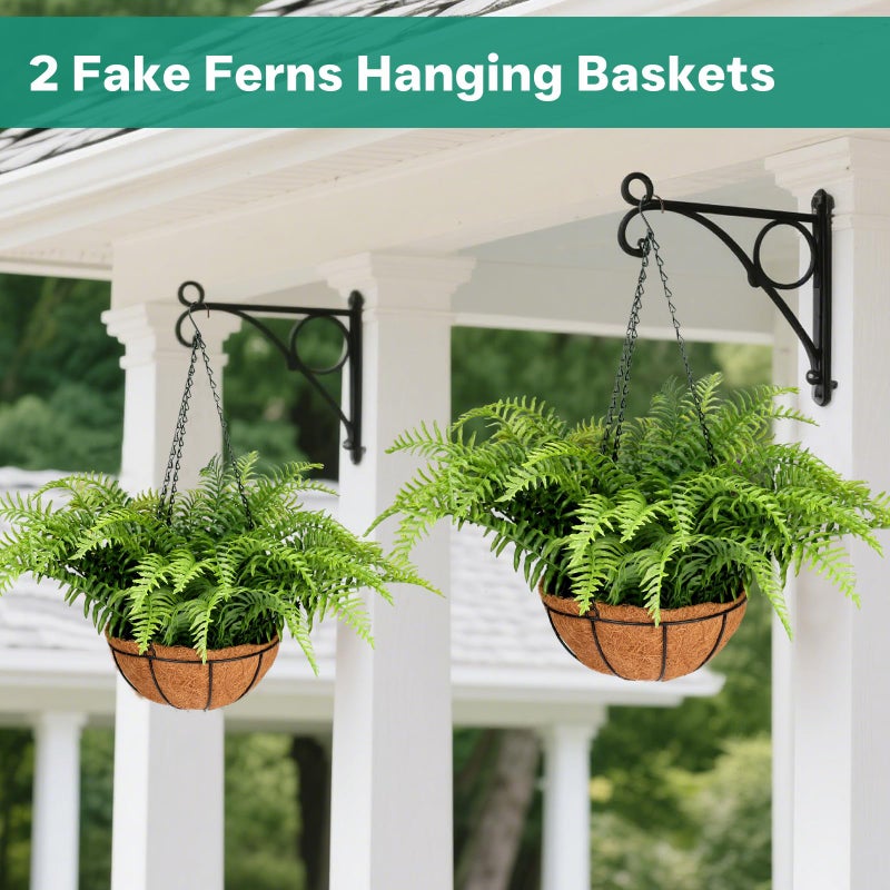PABREY 2 Set Fake Ferns with Hanging Baskets, Artificial Boston Ferns for Outdoors, Realistic Fake Hanging Ferns Plants Outdoor Artificial Plants for Front Porch Home DÃ©cor, No Assembly - Image 2