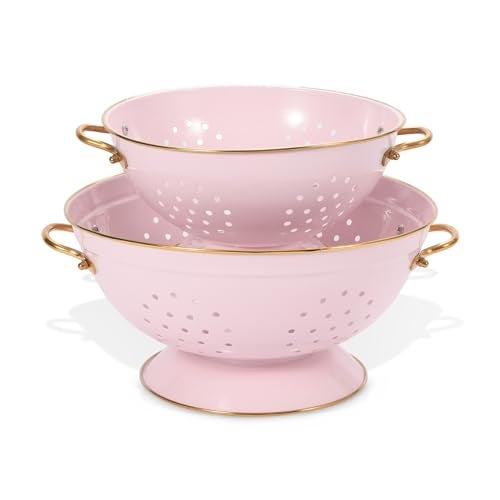Metal Colander Set of 2 Strainer Basket with Handles 35  5 Qt Powder Coated Selfdraining Solid Ring Base Metal Large Kitchen Colander Bowel for Pasta Vegetable Fruit PINK