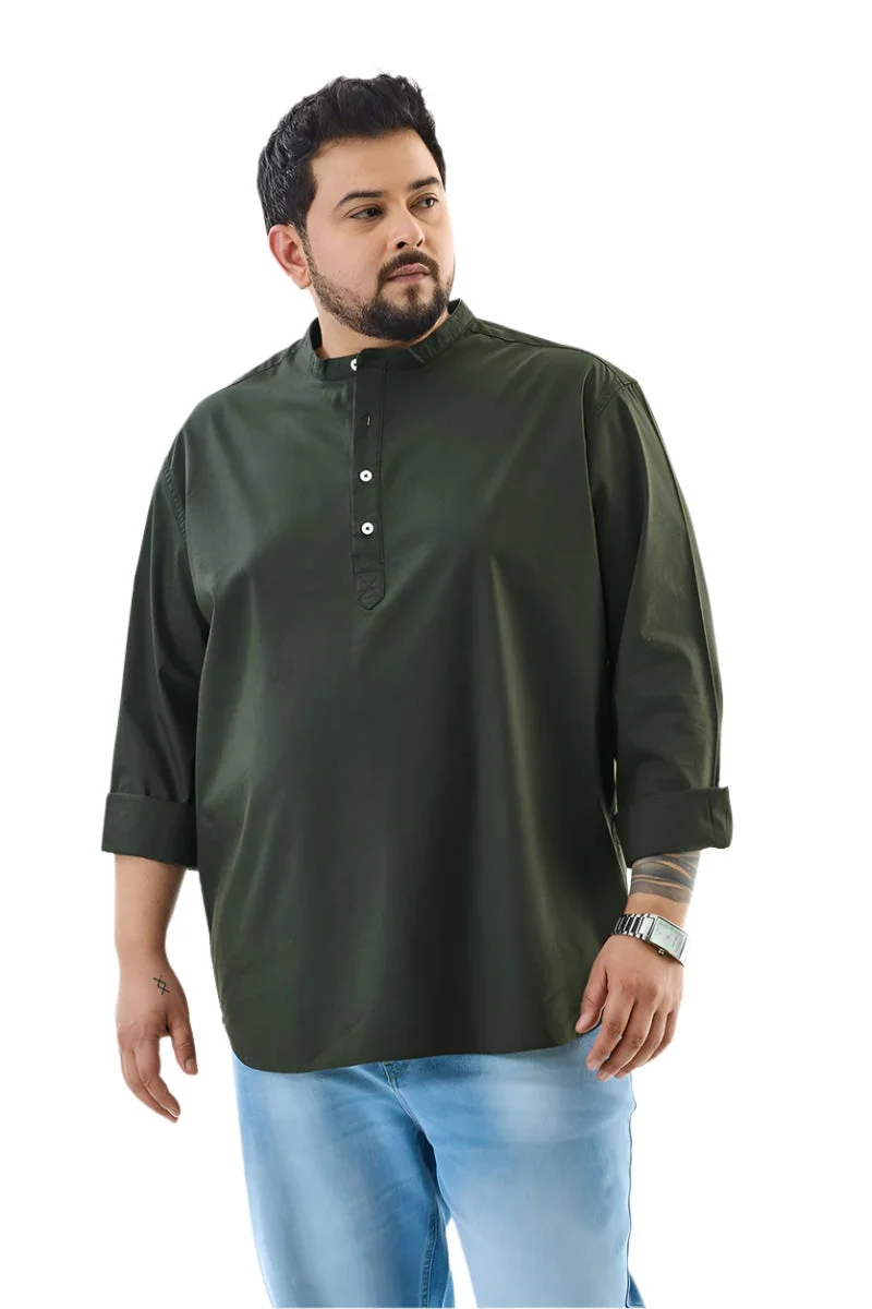 SNITCH Olive Regular Fit Stretch Plus Size Kurta Shirt for Men | Best Price UAE