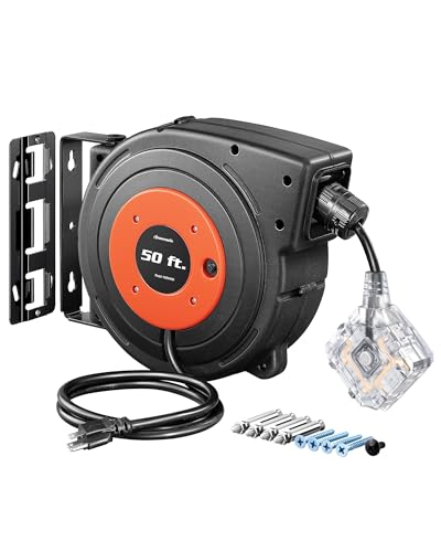 DEWENWILS 50 FT Retractable Extension Cord Reel with 6 Grounded Outlets, 14/3C SJTOW Heavy Duty Power Cord with New Twist-Lock Stopper, Lighted Triple Tap, 13A Circuit Breaker, ETL Listed - Image 1