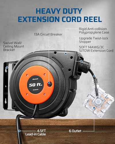 DEWENWILS 50 FT Retractable Extension Cord Reel with 6 Grounded Outlets, 14/3C SJTOW Heavy Duty Power Cord with New Twist-Lock Stopper, Lighted Triple Tap, 13A Circuit Breaker, ETL Listed - Image 5