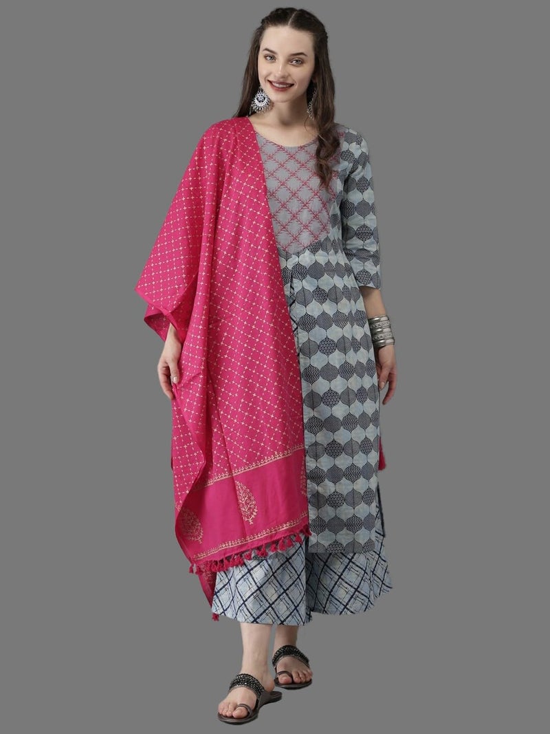 Jaffix Women's Rayon Blend Anarkali Printed Kurta with Pant & Dupatta & Printed,Women's Cotton Regular Fit,Lightweight Casual Wear (in, Alpha, L, Regular, Standard, Grey) - Image 2