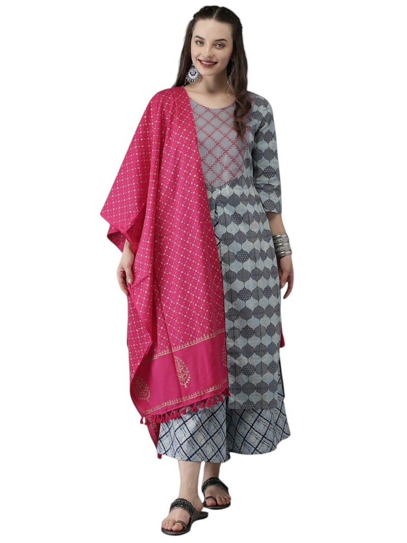 Jaffix Women's Rayon Blend Anarkali Printed Kurta with Pant & Dupatta & Printed,Women's Cotton Regular Fit,Lightweight Casual Wear (in, Alpha, L, Regular, Standard, Grey) - Image 1