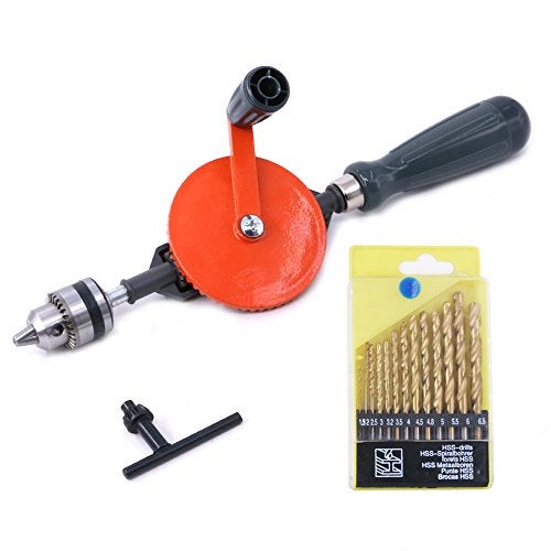 Swpeet Powerful Speedy Hand Drill 14Inch Capacity with 13Pcs Drill Bit Set Mini Hand Drill Manual inch with Finely Cast Steel Double Pinions Design Chucks and Grip Handle for Woods Plastics - Image 1