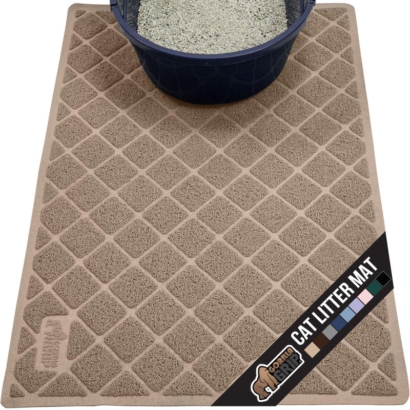 GORILLA GRIP Cat Litter Box Mat, 35x23, Water Resistant, US Designed Kitty Litter Trapping Mats, Easy to Clean, Scatter Control, Less Mess and Clean Floors, Kitten Supplies for Indoor Cats, Beige - Image 1