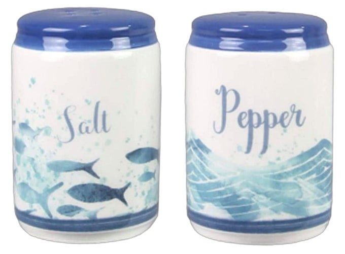 BEACHY BLUE FISH OCEAN WAVES CERAMIC SALT PEPPER SHAKERS