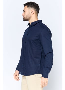 Algspar Men Regular Fit Solid Long Sleeves Casual Shirt, Navy  - Image 2