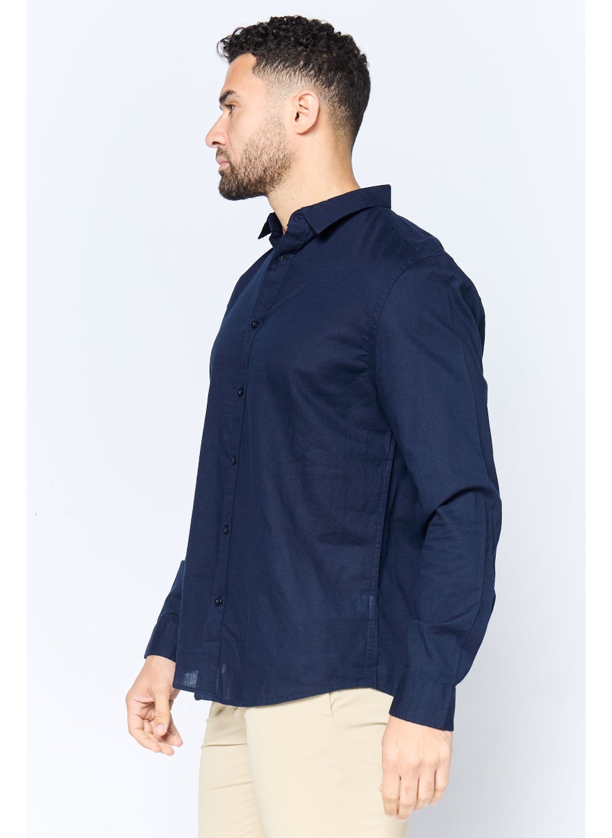 Algspar Men Regular Fit Solid Long Sleeves Casual Shirt, Navy  - Image 2