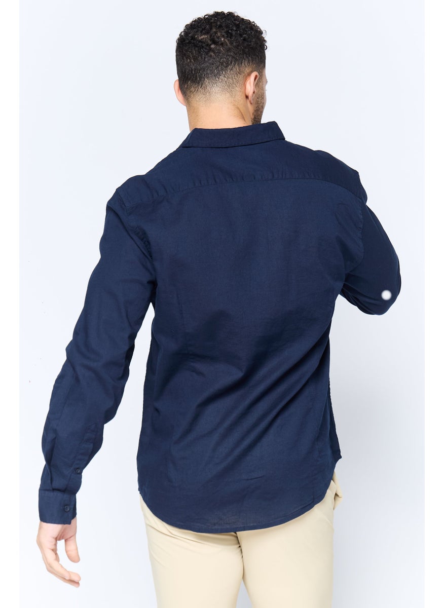 Algspar Men Regular Fit Solid Long Sleeves Casual Shirt, Navy  - Image 4