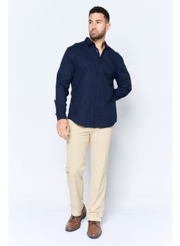Algspar Men Regular Fit Solid Long Sleeves Casual Shirt, Navy  - Image 3