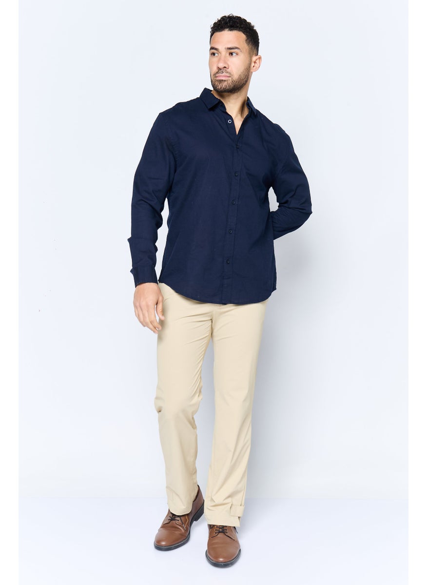 Algspar Men Regular Fit Solid Long Sleeves Casual Shirt, Navy  - Image 3