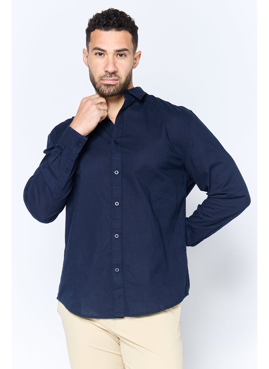 Algspar Men Regular Fit Solid Long Sleeves Casual Shirt, Navy  - Image 1