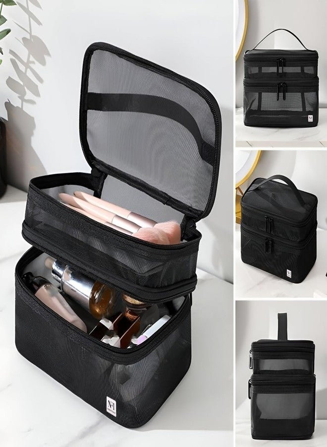 NFI essentials Makeup Pouch for Women, Travel Cosmetic Bag, Double Layer Toiletry Organizer Bag, Mesh Pouch for Makeup Accessories, Vanity Kit Organiser Make up Pouch for Girls - Image 2