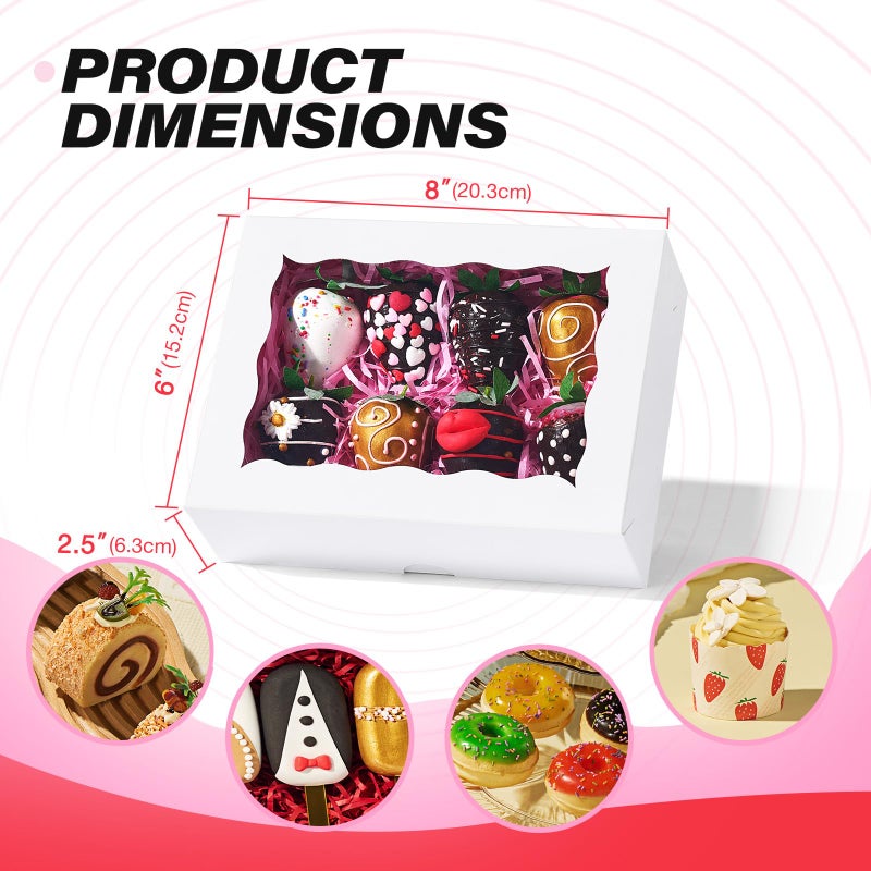 JCXGRVC 8 Pcs 8"x6"x2.5" White Pastry Boxes with Window, Gift-Ready for Chocolate Strawberries, Cookies, Macarons, Donuts, Truffles, Ores Or Other Holiday Treats Fit the Size - Image 2