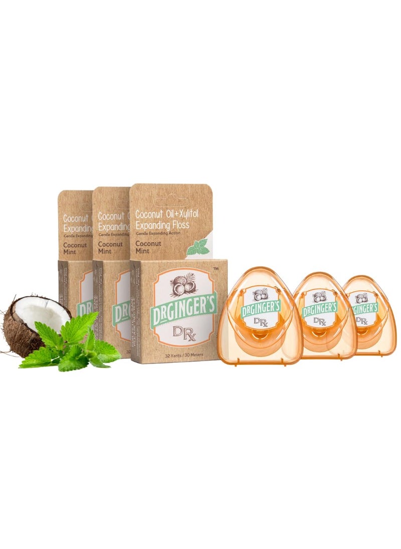 Doctor Ginger's - Dr. Ginger's Coconut Oil and Xylitol Expanding Dental Floss, All-Natural Stretchable Floss is Gentle on Gums & Helps Prevent Plaque, Oral Care, Coconut Mint Flavor, 32yds (Pack of 3) - Image 1